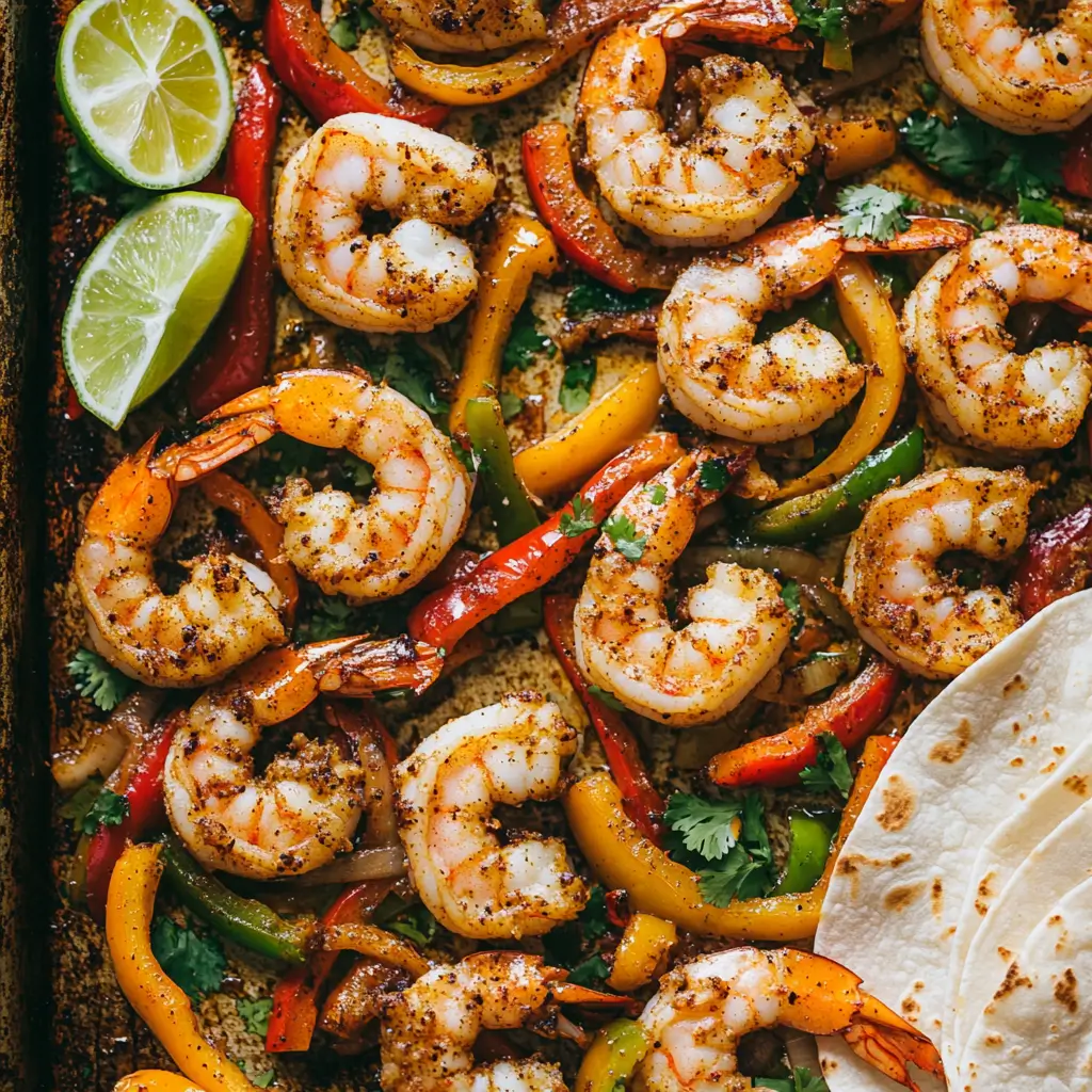 A sizzling sheet pan filled with plump, juicy shrimp, perfectly seasoned with chili powder, cumin, and garlic powder. Surrounding the shrimp, roasted bell peppers in red, yellow, and green, along with caramelized onions, add a burst of color and smoky flavor. The dish glistens with olive oil and is presented on a rustic baking sheet, with warm, golden lighting highlighting the textures. A side of warm tortillas, fresh lime wedges, and chopped cilantro completes this bold, restaurant-style shrimp fajita meal