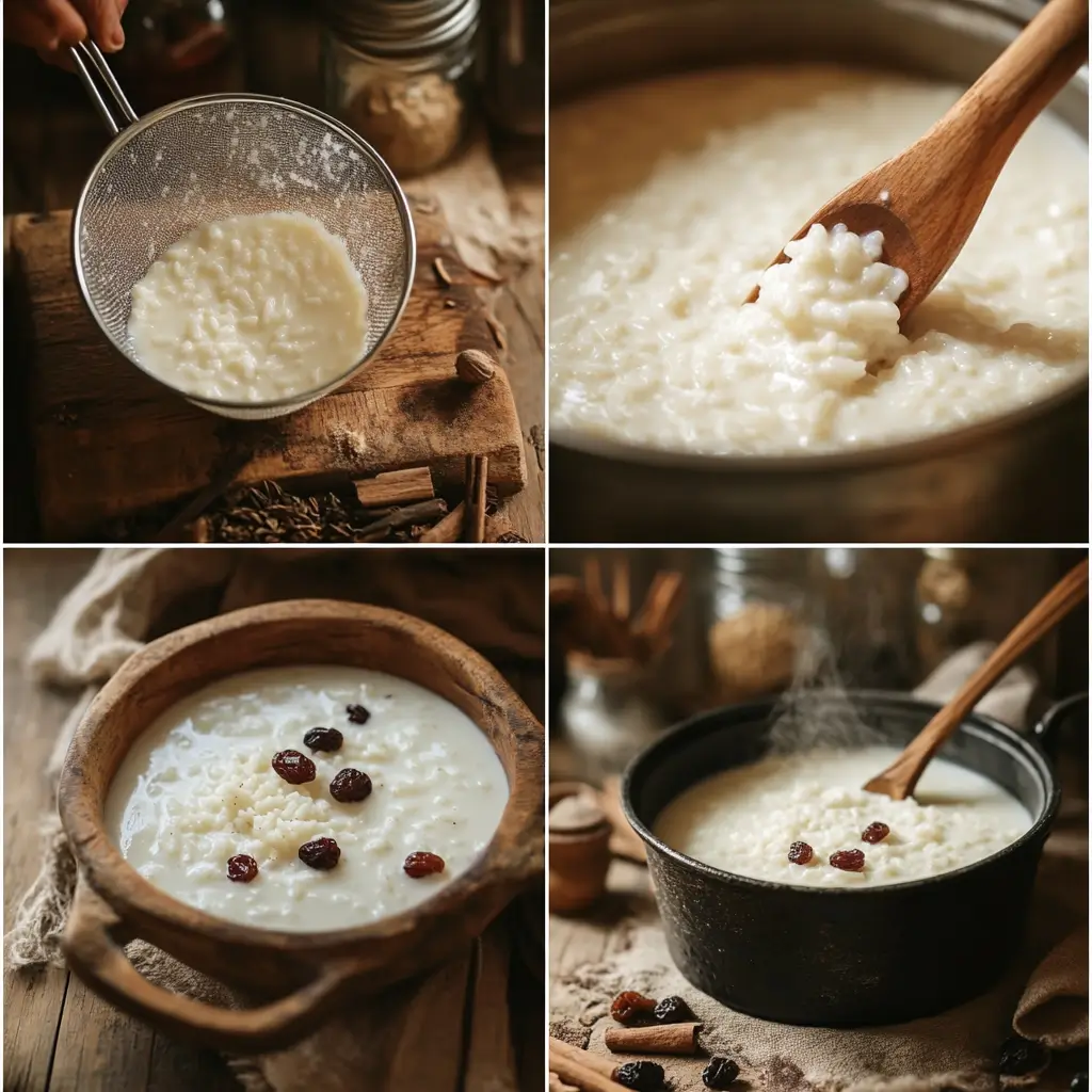 A sequence of rice pudding preparation in a warm kitchen setting: rinsed rice in a colander, milk simmering in a pot with a wooden spoon, and a final dish of creamy rice pudding garnished with cinnamon, raisins, and fresh berries. The cozy atmosphere includes rustic wooden surfaces and jars of spices in the background.