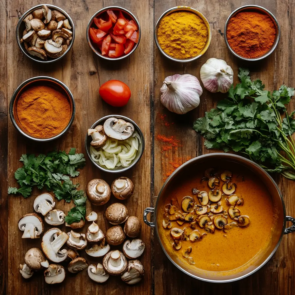A vibrant cooking scene showcasing the preparation of Mushroom Tikka Masala. Freshly sliced mushrooms marinate in a golden-spiced yogurt mixture, onions sizzle in a pan, and a pot of rich, creamy orange curry simmers on the stove. Surrounding the setup are colorful bowls of spices, chopped tomatoes, garlic cloves, and fresh cilantro, all arranged on a rustic wooden table under warm natural light.