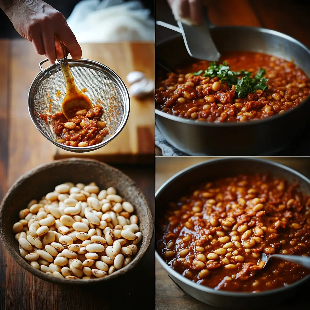 A step-by-step visual sequence showing the process of making baked beans, starting with dried beans being rinsed in a colander, followed by beans soaking in water, then simmering in a pot with a thick tomato-based sauce, and concluding with the final dish—a bowl of baked beans garnished with fresh herbs, set on a rustic wooden kitchen counter.