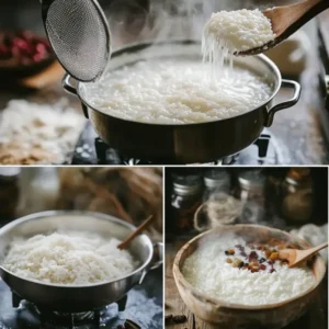 Step-by-step process of making rice pudding: rinsed rice in a colander, simmering rice on a stovetop, milk being added to the pot, and finished creamy pudding served in bowls with cinnamon and berries.