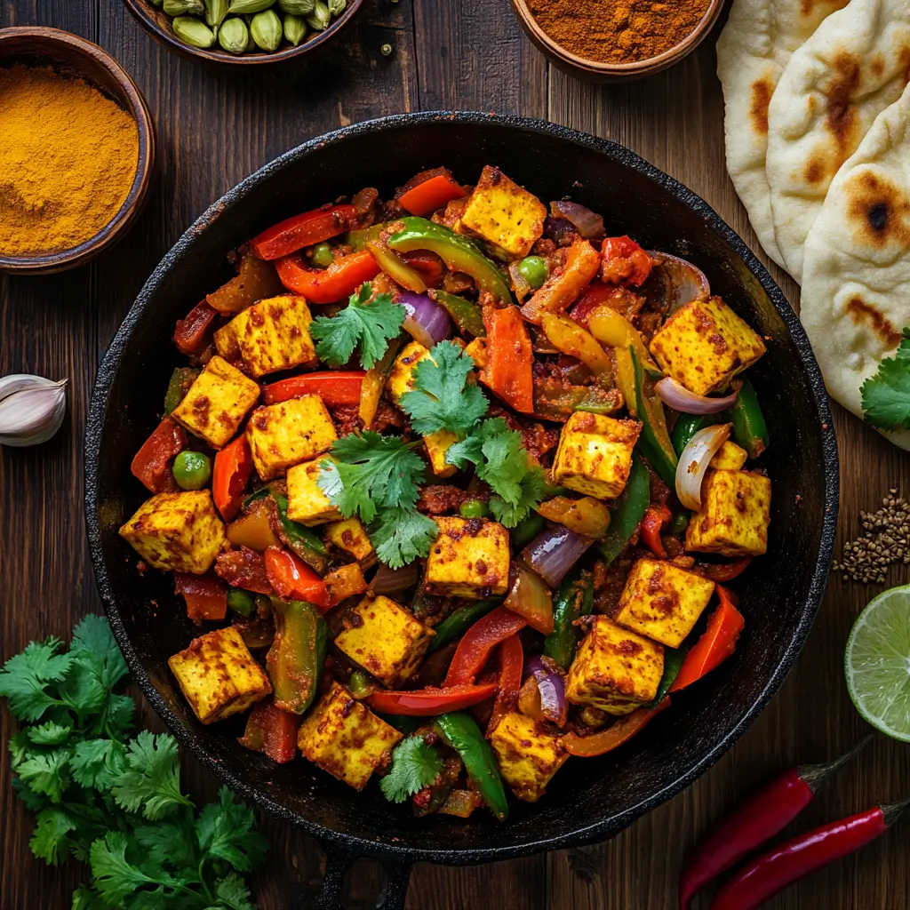 Close-up of an Indian-style stir fry with golden paneer cubes, vibrant vegetables like bell peppers, onions, and okra, all coated in a fragrant blend of turmeric, cumin, and garam masala. The dish is served in a cast iron skillet, garnished with fresh cilantro and lime wedges. Surrounding the skillet are traditional Indian ingredients, including bowls of colorful spices, fresh ginger, garlic, and naan bread. Warm, golden lighting highlights the rich textures and aromatic spices, creating a homely and inviting scene.