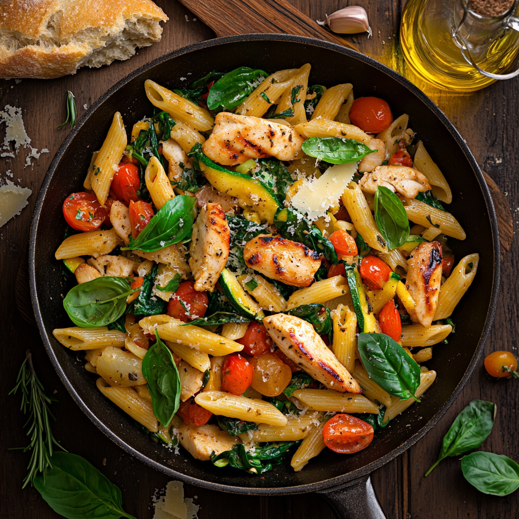 Close-up of an Italian-inspired pasta stir fry with al dente penne pasta, vibrant cherry tomatoes, zucchini, and spinach, paired with juicy grilled chicken strips. The dish is coated in a light garlic and olive oil sauce, topped with fresh basil leaves and shaved parmesan cheese. Served in a rustic skillet, the scene is complemented by Italian ingredients like fresh rosemary, olive oil, parmesan, and crusty bread. Warm golden lighting enhances the textures and colors, creating a cozy and gourmet presentation.