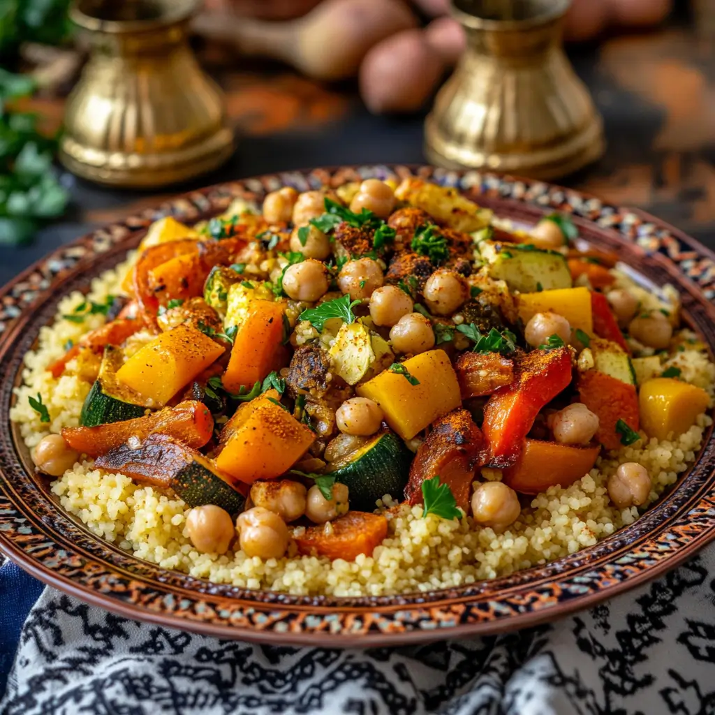 A traditional Moroccan couscous dish featuring fluffy couscous topped with a colorful array of vegetables like carrots, zucchini, and pumpkin, seasoned with aromatic spices, and served on a decorative ceramic platter.