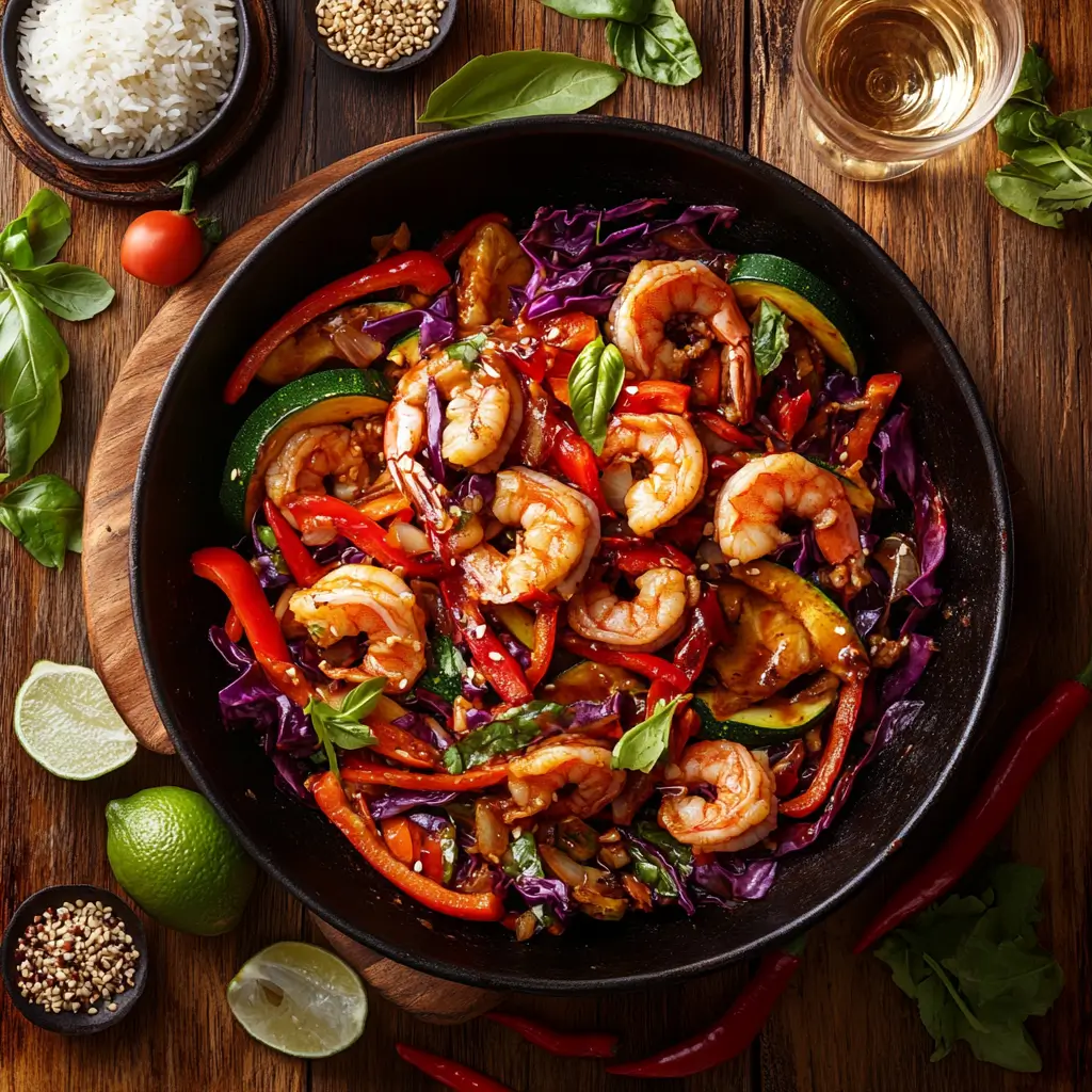 Close-up of a vibrant stir fry showcasing a fusion of global flavors, featuring shrimp, red peppers, zucchini, and purple cabbage, coated in a tangy sweet-and-sour sauce. The dish is served in a traditional wok, surrounded by fresh ingredients like chili peppers, lime wedges, basil, and sesame seeds. In the background, jasmine rice and a glass of white wine are elegantly displayed. Warm natural lighting highlights the bold colors and textures, creating an inviting and artistic presentation.