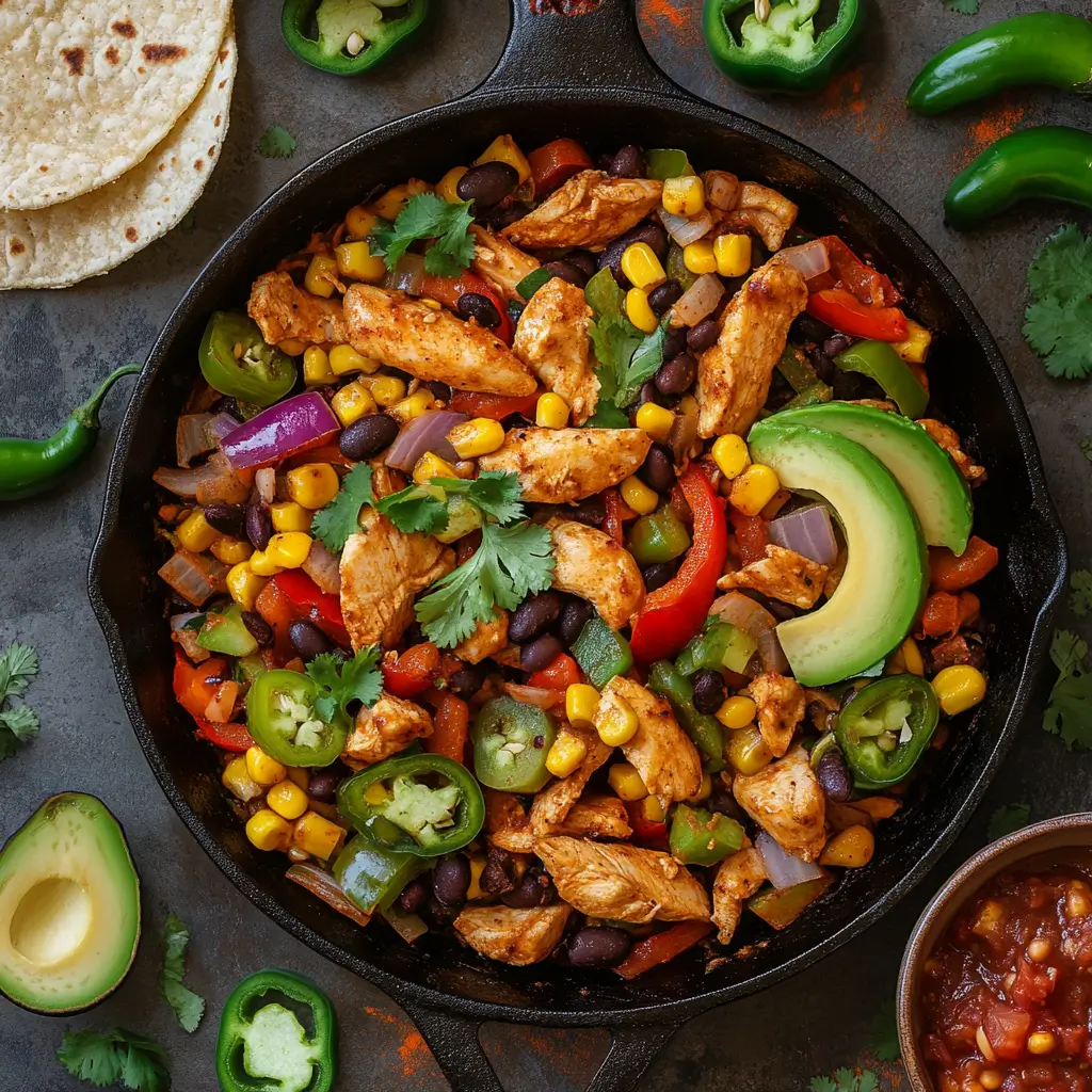 Close-up of a Mexican-inspired stir fry with tender chicken strips, colorful bell peppers, onions, corn, and black beans, tossed in a smoky chipotle and lime sauce. The dish is served in a sizzling cast iron skillet, garnished with fresh cilantro, avocado slices, and lime wedges. Surrounding the skillet are ingredients like jalapeños, chili powder, tortillas, and a bowl of salsa. Warm, rustic lighting emphasizes the bold colors and textures, creating a festive and inviting presentation.
