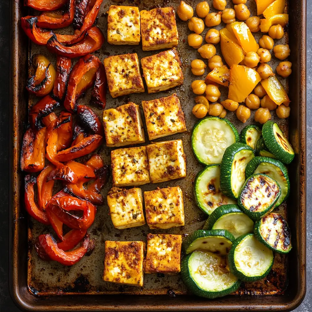 A vibrant sheet pan filled with golden, crispy tofu cubes and perfectly roasted chickpeas, seasoned with cumin, paprika, and garlic powder. Surrounding the tofu, colorful roasted bell peppers in red, yellow, and green, along with tender zucchini slices, are slightly charred and glistening with olive oil. The dish is arranged on a rustic baking sheet, with warm, natural lighting enhancing the rich textures and fresh, plant-based ingredients. A wholesome and flavorful vegan meal, perfect for healthy eating.