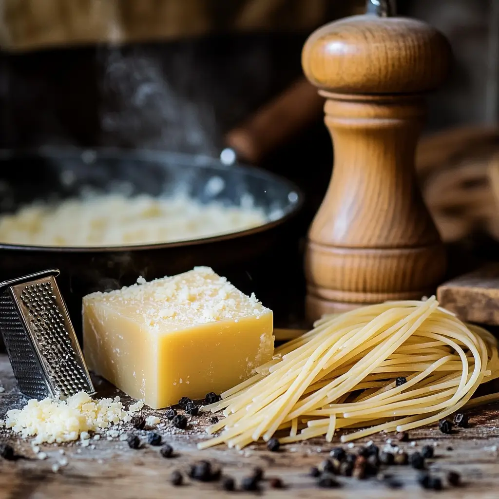 A rustic kitchen scene showcasing the preparation of Cacio e Pepe, with a block of Pecorino Romano, freshly cracked black pepper, uncooked spaghetti, and a pot of boiling pasta water emitting steam in the background, all laid out on a wooden countertop.