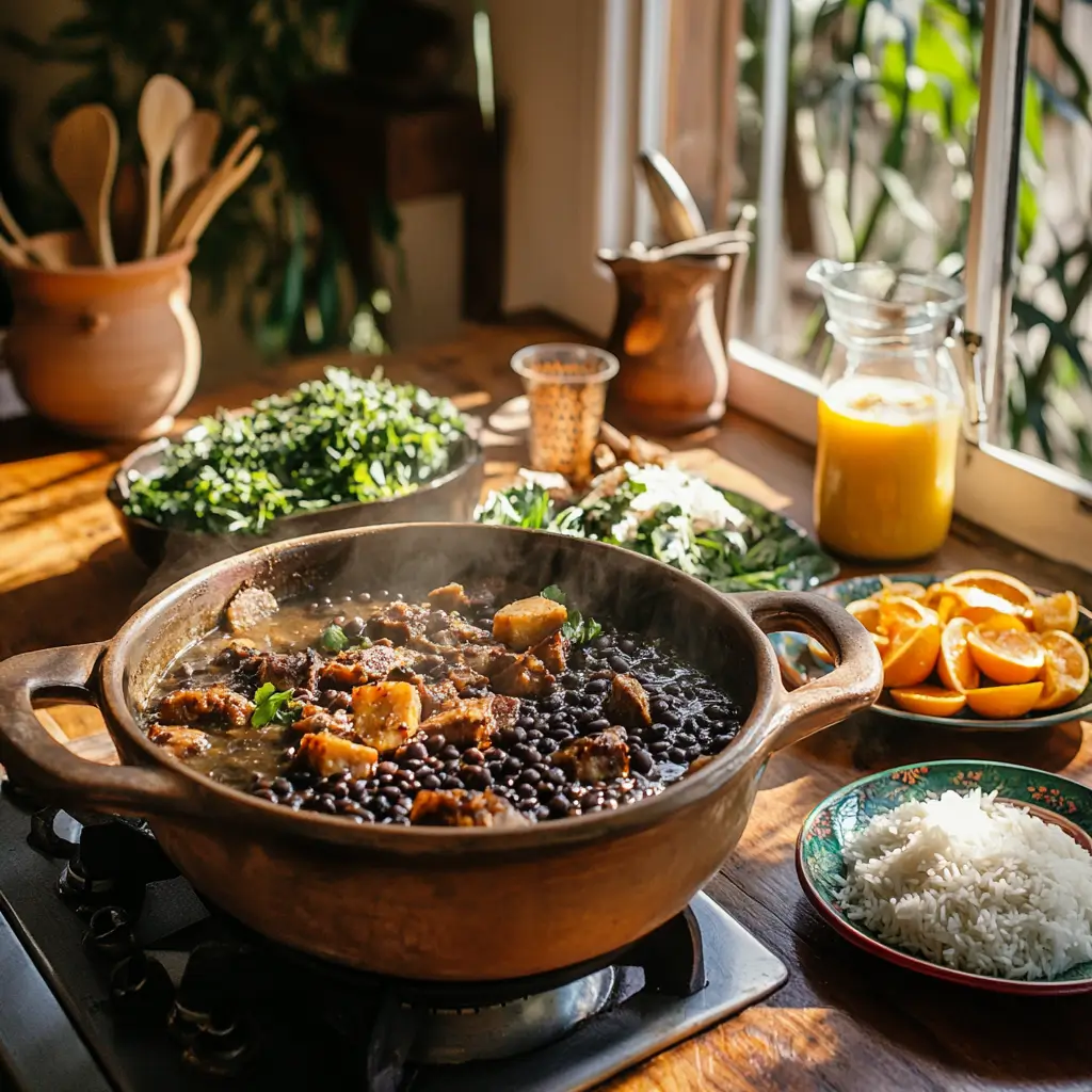 Preparing and Serving Traditional Brazilian Feijoada with Classic Sides An inviting scene of a Brazilian kitchen showcasing the preparation and serving of Feijoada. A pot of black bean stew with pork and sausage simmers on the stove, surrounded by beautifully arranged sides like white rice, sautéed collard greens, golden Farofa, and fresh orange slices. The table is set with rustic clay dishes and wooden utensils, evoking a warm, homely, and festive atmosphere that celebrates Brazilian culinary tradition.