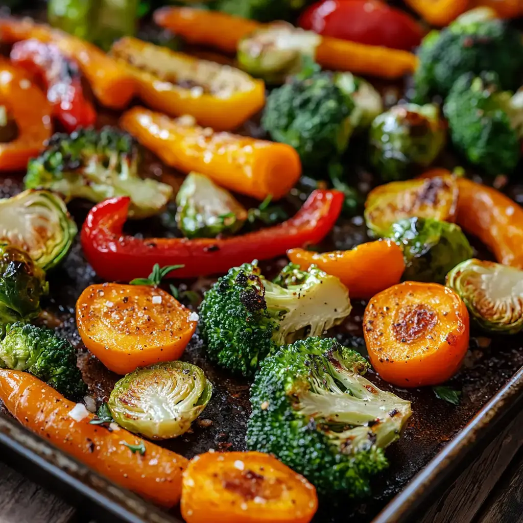 A colorful mix of roasted vegetables, including crispy Brussels sprouts, caramelized carrots, and slightly charred broccoli, glistening with olive oil and seasoning, arranged on a rustic sheet pan.