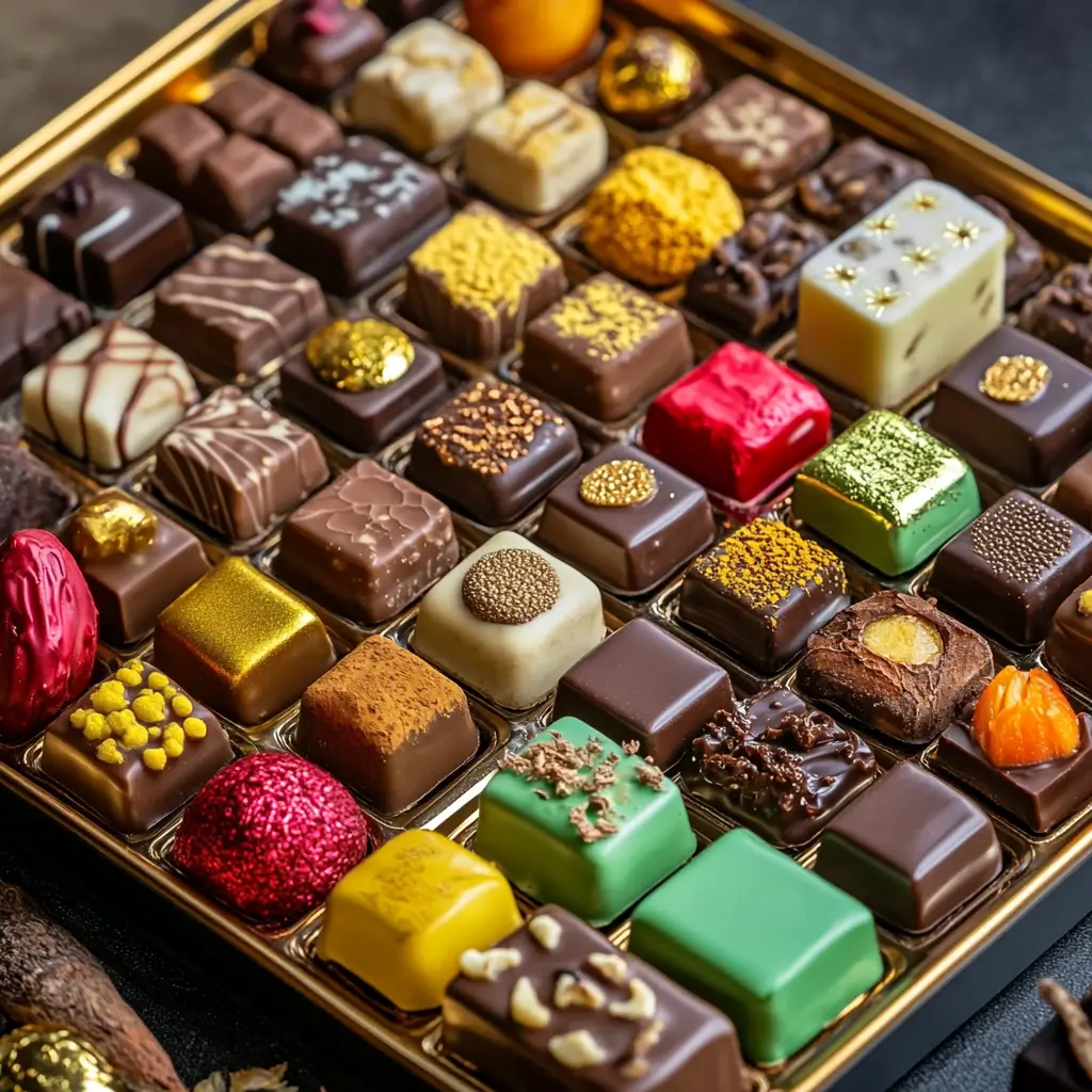 A luxurious assortment of tahini-free Dubai chocolates featuring unique flavors like Arabic coffee, turmeric and ginger, and exotic fruits such as passionfruit and mango.