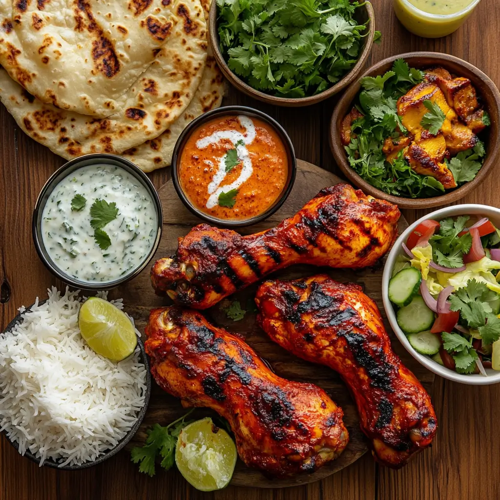 A beautifully arranged spread featuring char-grilled tandoori chicken legs, garnished with cilantro and lime wedges, paired with naan bread, cucumber raita, basmati rice, a fresh salad, mango lassi, and chutney on a rustic wooden table.