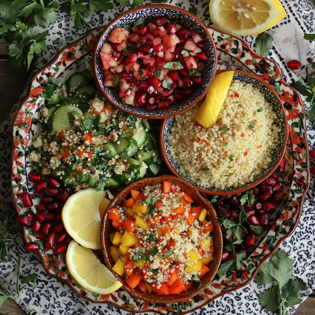 A fusion couscous display featuring a fresh couscous salad with herbs, lemon, and pomegranate seeds; a spicy couscous bowl with vegetables and Asian-inspired spices; and a sweet couscous dessert topped with dried fruits, honey, and nuts, presented on modern ceramic plates.