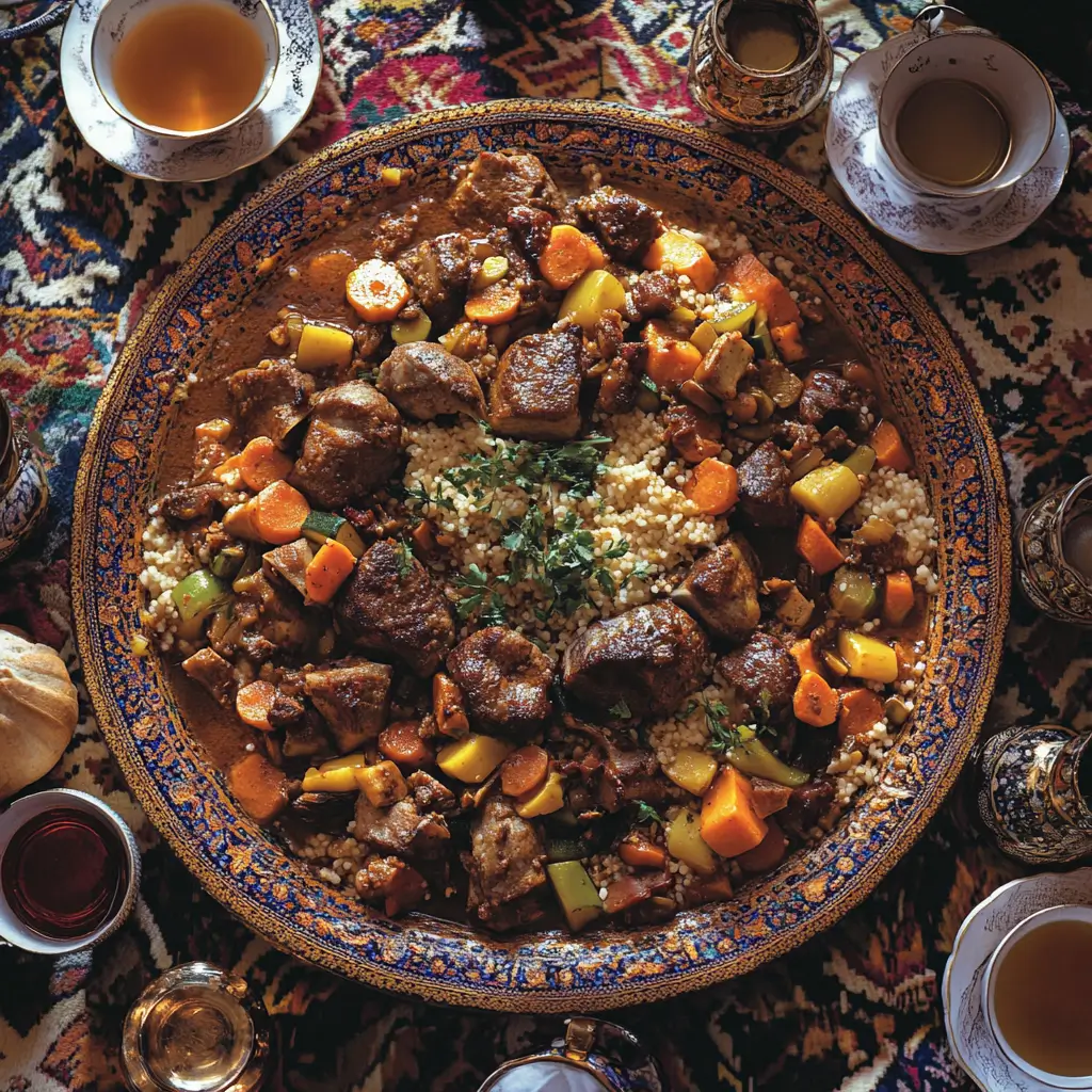 A cozy Moroccan family gathering around a low table featuring a communal platter of couscous with tender meat, colorful vegetables, and aromatic broth, accompanied by mint tea in ornate glasses, Moroccan bread, and a vibrant patterned tablecloth.