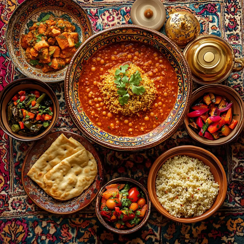 A Moroccan table spread featuring a couscous platter with Harira soup, rustic flatbread, and colorful pickled vegetables, presented with intricate ceramic bowls, ornate tea glasses, and a vibrant patterned tablecloth.