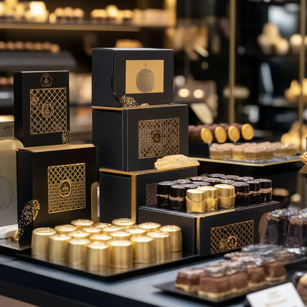 A luxurious assortment of tahini-free Dubai chocolates in elegant packaging, featuring eco-friendly materials, personalized designs, gold accents, and intricate patterns for gifting or indulgence.