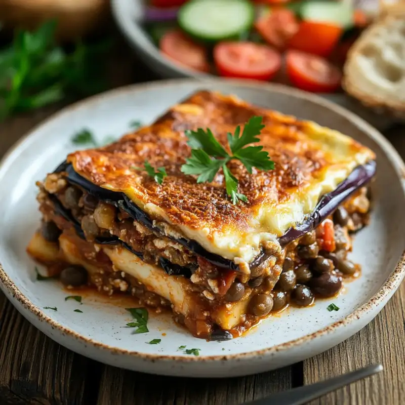 A beautifully plated serving of Vegan Moussaka with golden-brown layers of eggplant, plant-based filling, and creamy béchamel sauce, garnished with fresh parsley on a rustic wooden table.