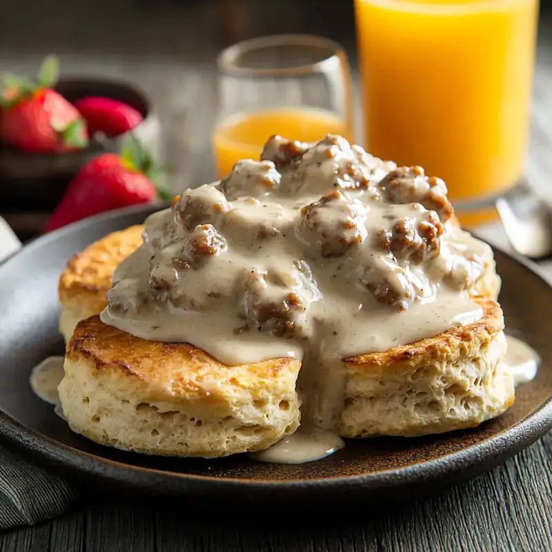 Fluffy golden biscuits topped with creamy sausage gravy, served on a rustic wooden plate, embodying the essence of a classic Southern breakfast.