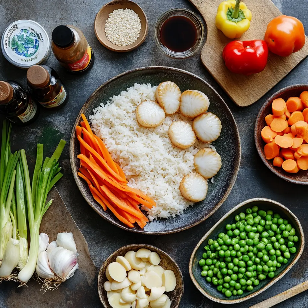 A top-down view of ingredients for scallop stir-fried rice, featuring fresh scallops, a bowl of day-old rice, colorful vegetables like carrots, peas, bell peppers, and onions, along with garlic, ginger, scallions, and bottles of soy sauce, oyster sauce, and sesame oil, all arranged on a rustic kitchen counter.