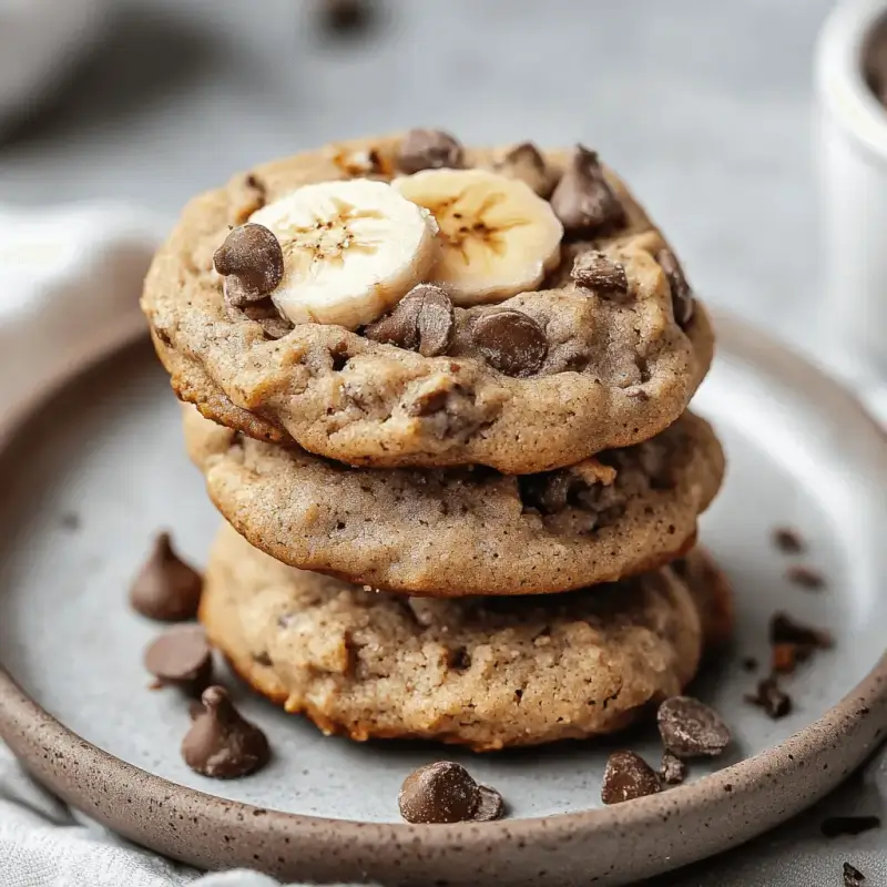 Banana bread cookies on a plate, golden brown with chocolate chips and a soft texture.