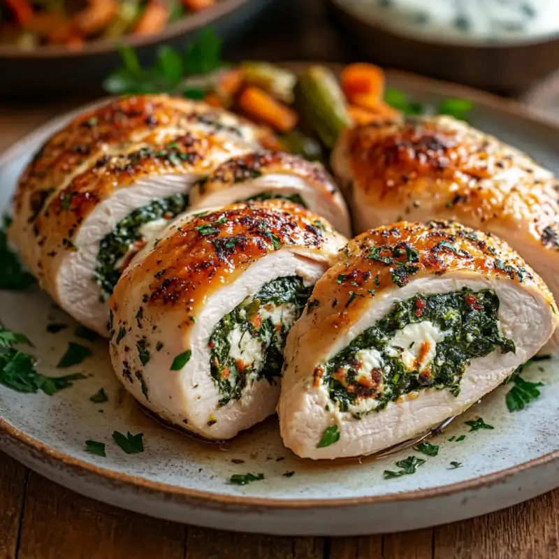 Stuffed Chicken Breasts filled with spinach and cream cheese.