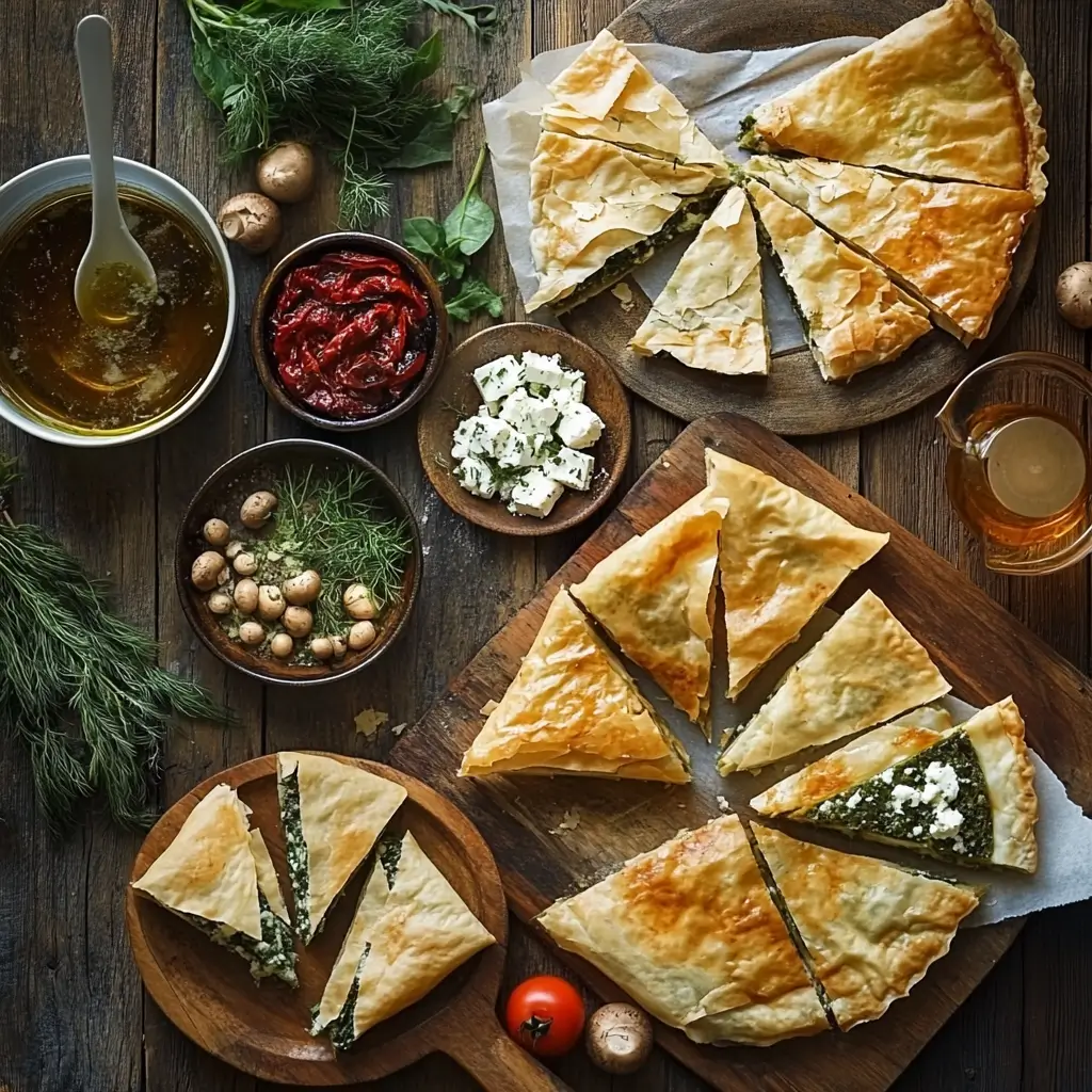 Spanakopita variations, featuring a traditional pie, crispy mini triangles, fusion dishes like Spanakopita pizza and quiche, and a sweet dessert version. Vibrant ingredients such as spinach, feta, herbs, mushrooms, and sun-dried tomatoes are arranged on a rustic wooden table, alongside olive oil, fresh dill, and a rolling pin, highlighting the versatility of this classic Greek dish in a warm, Mediterranean-inspired kitchen setting.