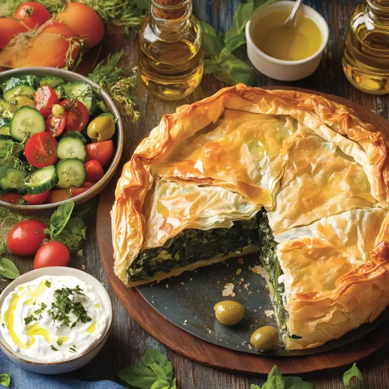 Freshly baked Greek Spanakopita pie with golden, flaky phyllo crust and a vibrant spinach and feta filling, served with a Greek salad and tzatziki sauce on a rustic table.