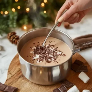 A saucepan on a stovetop with warm milk being stirred, chopped chocolate melting smoothly into the mixture, and sugar being added to create a rich hot chocolate, ready to be topped with whipped cream or marshmallows.