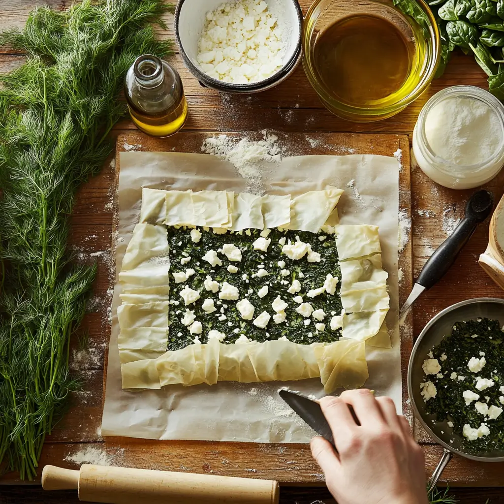Step-by-step preparation of traditional Greek Spanakopita in a cozy kitchen, featuring layers of phyllo dough brushed with olive oil, vibrant spinach and feta filling, and a scored top layer ready for baking. Fresh ingredients like spinach, feta, dill, parsley, and olive oil are displayed on a wooden countertop, alongside a rolling pin, baking dish, and a golden-baked Spanakopita cooling on a rack in warm, inviting lighting.