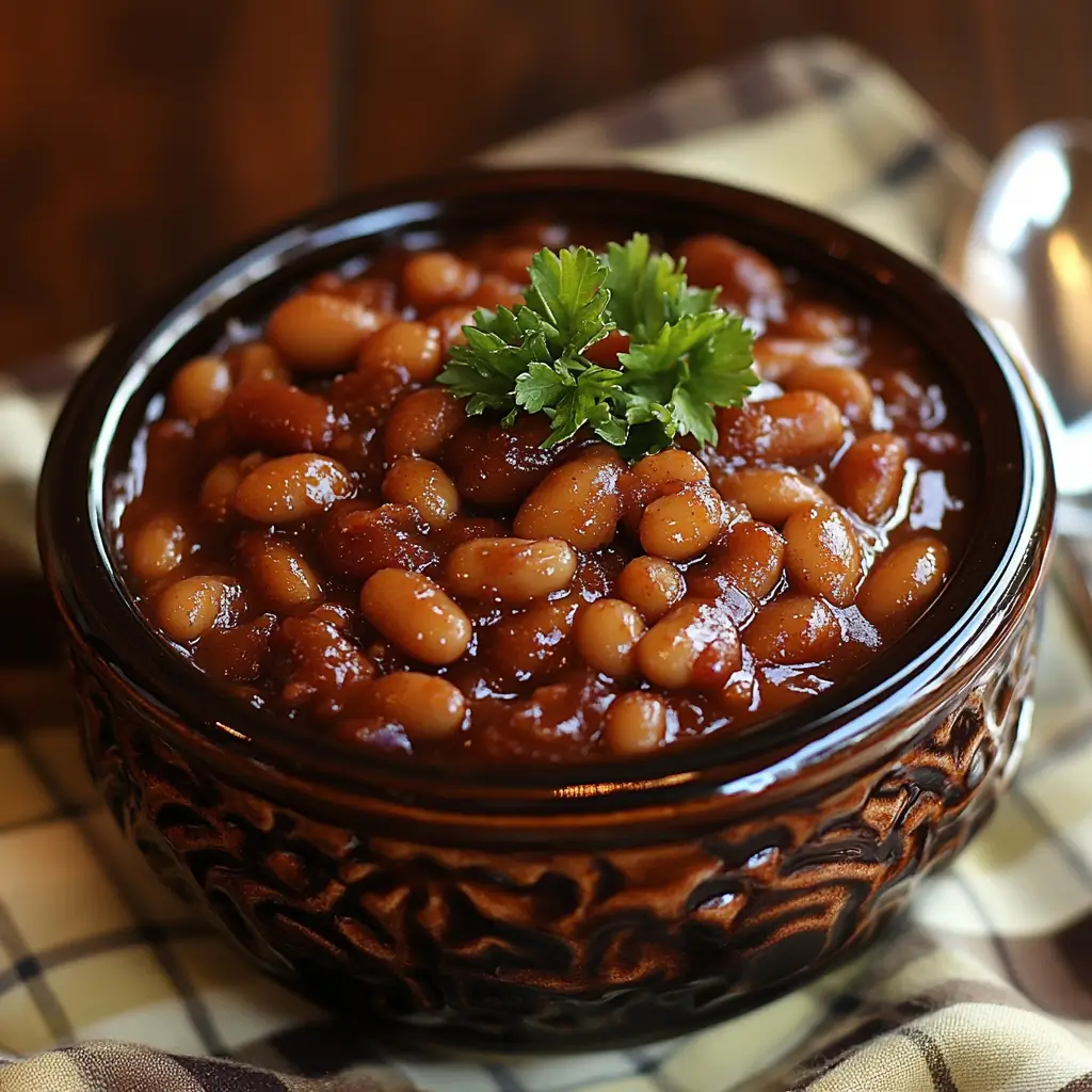 A bowl of smoky barbecue baked beans with a thick, caramelized sauce, garnished with fresh herbs and served alongside grilled meats on a rustic wooden table.