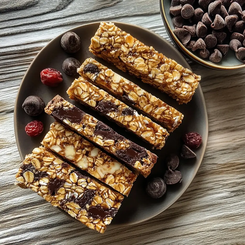 Homemade granola bars in a variety of flavors, including chocolate chip, peanut butter banana, and energy-boosting nut and seed options, arranged on a kitchen counter with fresh ingredients like oats, honey, and dried fruits displayed nearby.