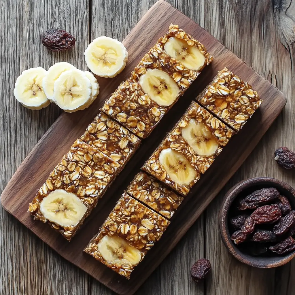 Close-up of peanut butter and banana granola bars, garnished with fresh banana slices and drizzled with creamy peanut butter, placed on a wooden board with oats and chia seeds in the background.