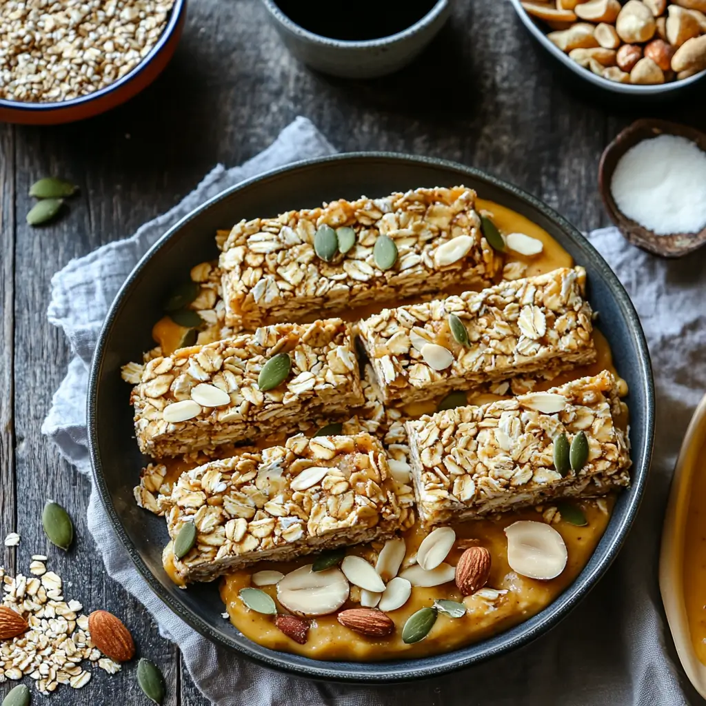 Energy-boosting granola bars packed with almonds, sunflower seeds, chia seeds, and dried apricots, displayed on a rustic wooden table with scattered nuts and oats around them.