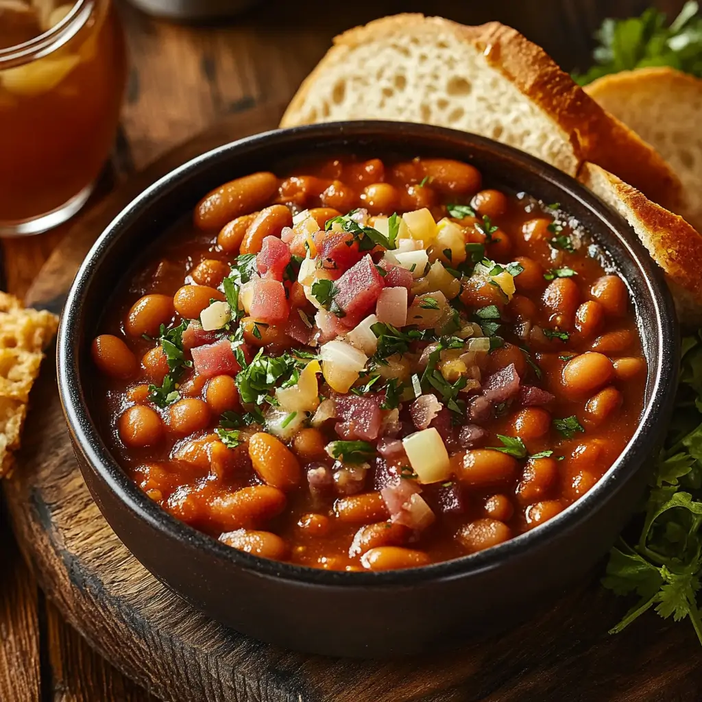 A rustic spread featuring baked beans paired with cornbread, coleslaw, and grilled meats, alongside a glass of iced tea and a vibrant bowl of roasted vegetables, creating a complete and inviting meal.