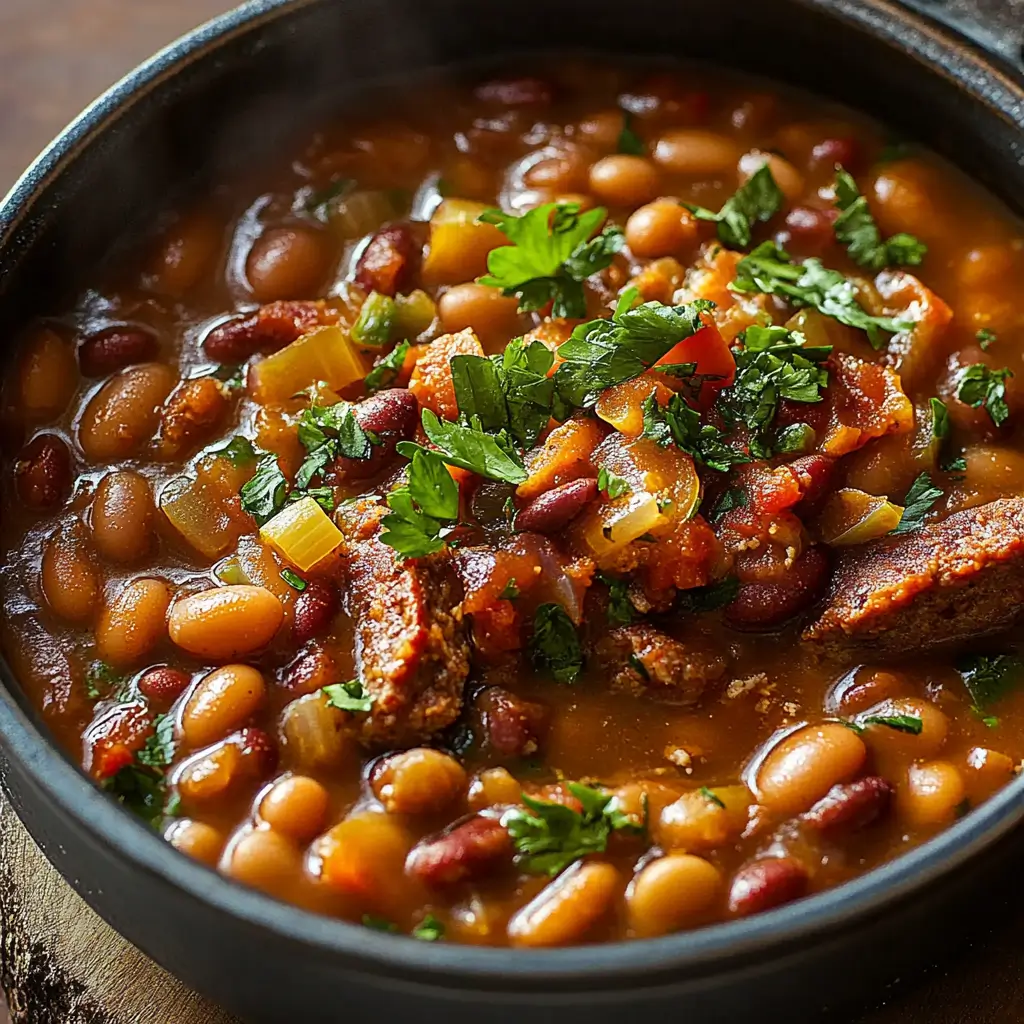 A bowl of baked beans combined with savory sausage slices and colorful bell peppers, served in a rustic dish with a rich, smoky sauce, placed on a wooden table for a hearty, comforting meal.