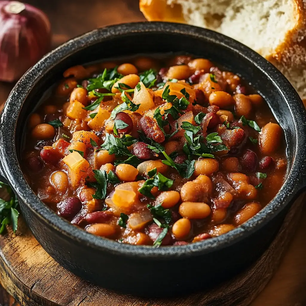 A hearty bowl of Boston-style baked beans, slow-cooked with molasses and chunks of salt pork, served in a rustic dish on a wooden table, evoking traditional New England flavors.