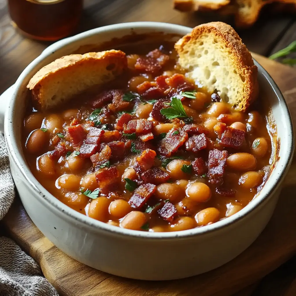 A bowl of baked beans cooked with maple syrup and crispy bacon, topped with fresh parsley and served warm on a rustic wooden table, showcasing a rich, glossy sauce.