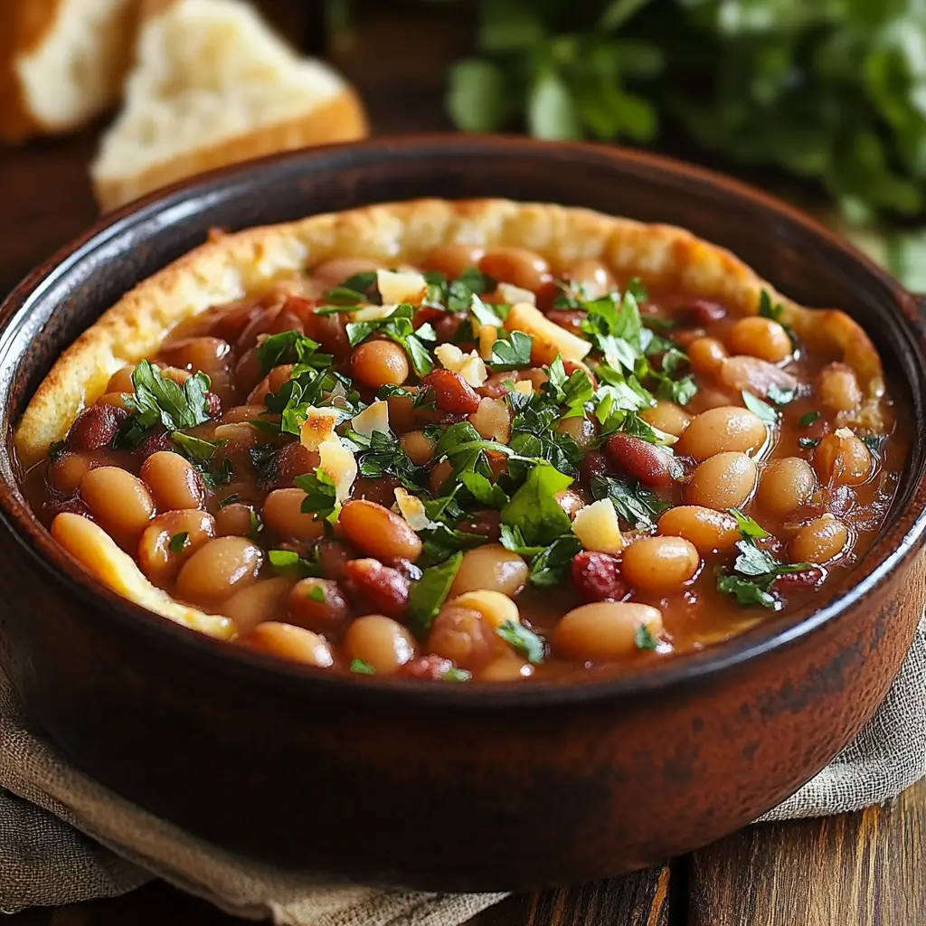 A bowl of Mediterranean-inspired baked beans cooked with olive oil, sun-dried tomatoes, and fresh herbs, garnished with crumbled feta cheese and served on a rustic wooden table.