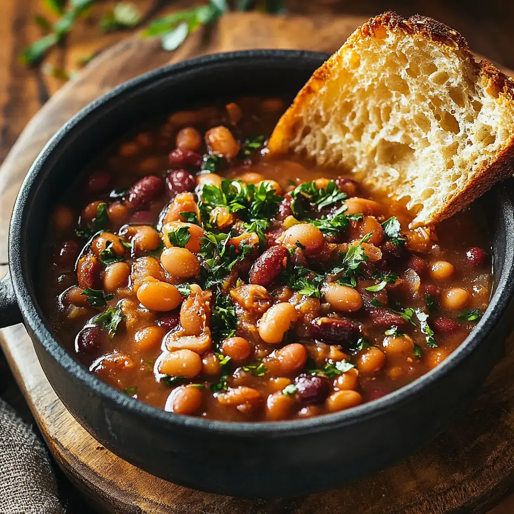 A bowl of quick and easy baked beans, prepared with a rich sauce and minimal ingredients, served warm on a rustic wooden table, perfect for a fast yet satisfying weeknight dinner.