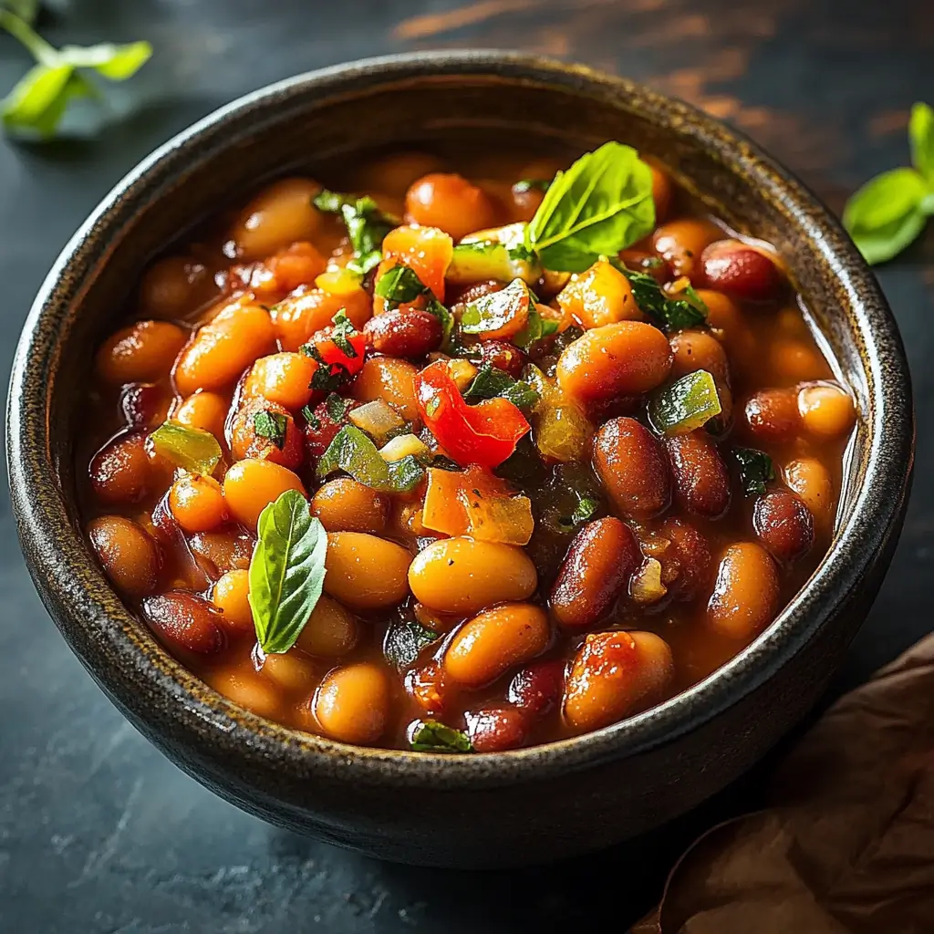 A bowl of sweet and spicy baked beans, featuring a rich sauce with hints of molasses and chili, garnished with fresh herbs, served on a rustic wooden table.