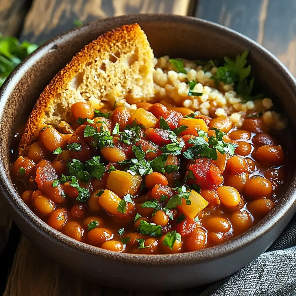 A bowl of vegetarian baked beans in a rich, smoky tomato-based sauce, garnished with fresh parsley, served on a rustic wooden table with a side of crusty bread.