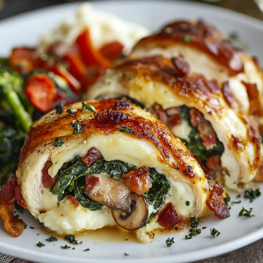 Golden-brown stuffed chicken breasts sliced open to reveal a variety of fillings, including spinach and cream cheese, bacon and mushrooms, and melted cheese, plated with roasted vegetables and creamy mashed potatoes.
