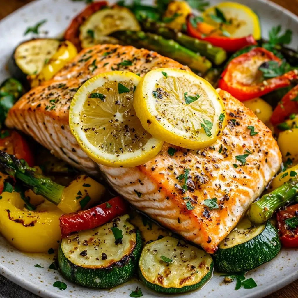 A golden-brown roasted salmon fillet infused with lemon, garlic, and olive oil, garnished with caramelized lemon slices and surrounded by roasted zucchini, asparagus, and bell peppers