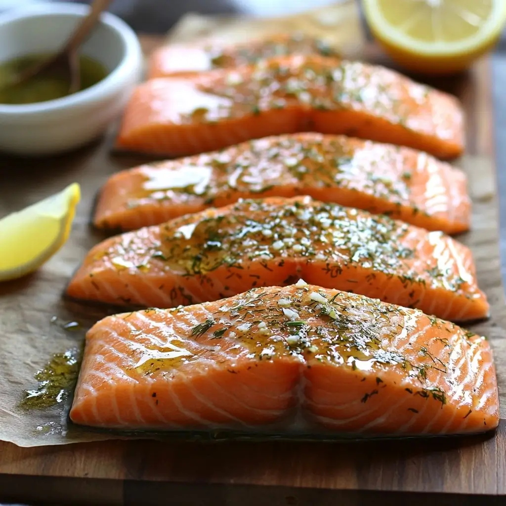 fresh salmon fillets being patted dry, brushed with olive oil, and seasoned with salt, pepper, garlic, and fresh herbs on a rustic wooden cutting board, ready for marination