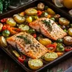 A sheet pan meal featuring golden-brown salmon fillets surrounded by vibrant roasted vegetables, garnished with fresh herbs and a drizzle of lemon butter sauce.