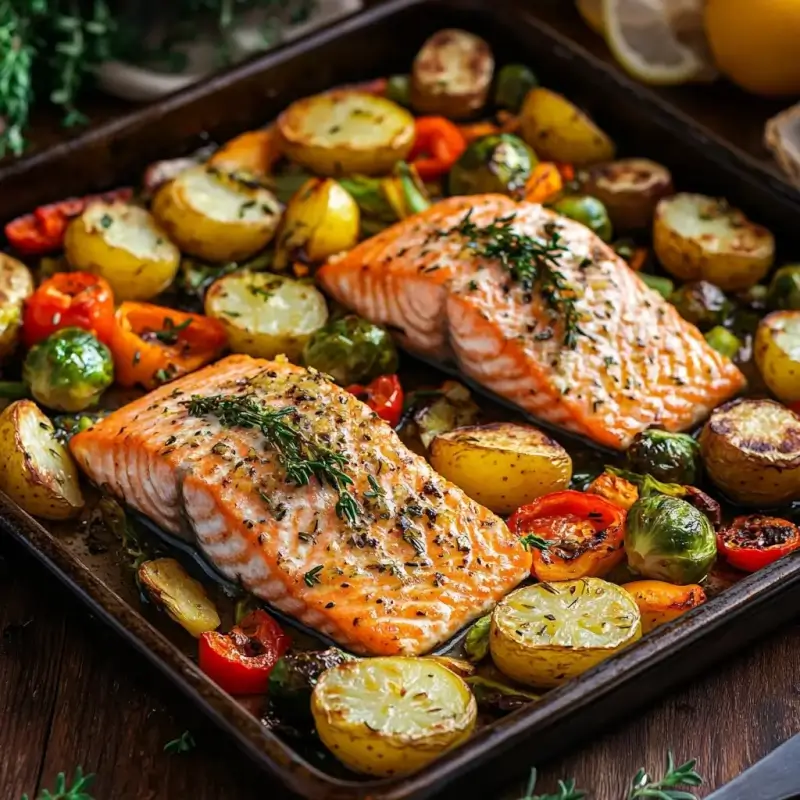 A sheet pan meal featuring golden-brown salmon fillets surrounded by vibrant roasted vegetables, garnished with fresh herbs and a drizzle of lemon butter sauce.